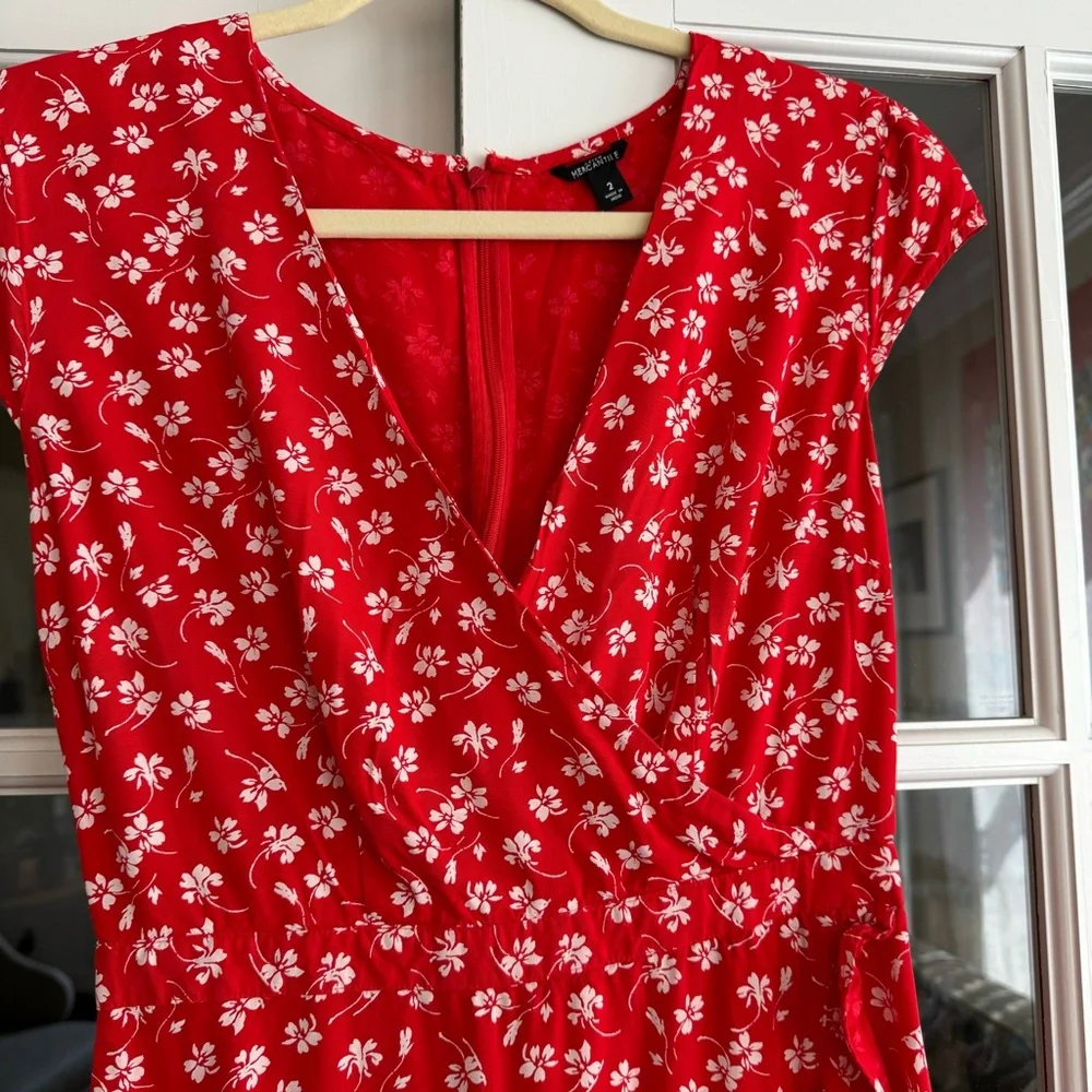 red and white floral wrap dress